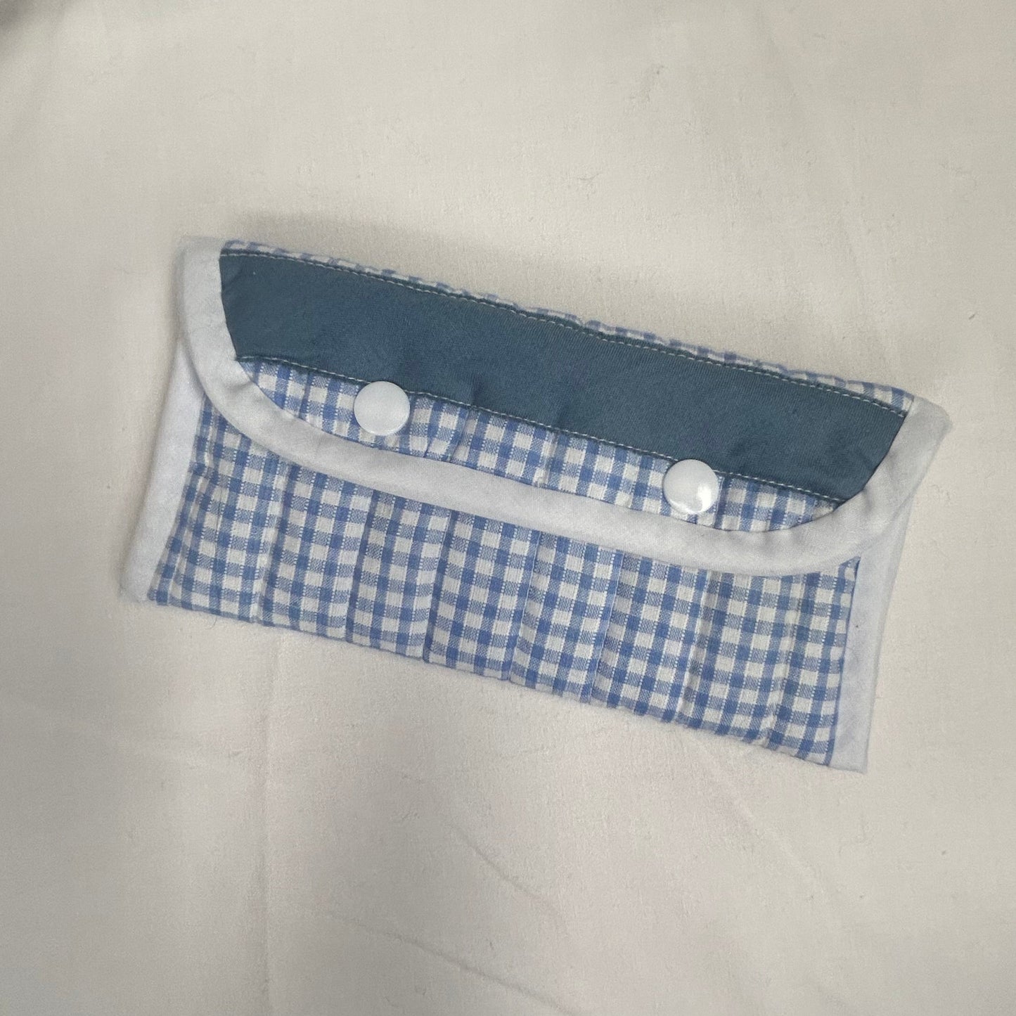 Blue and white checked glasses case